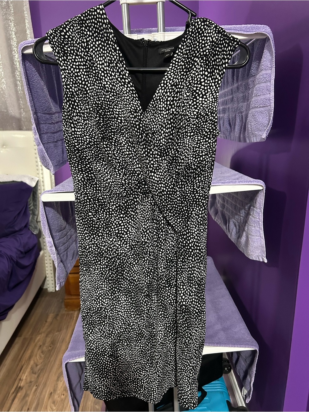 Ann Taylor Black and White Sleeveless Faux-Wrap Midi Dress